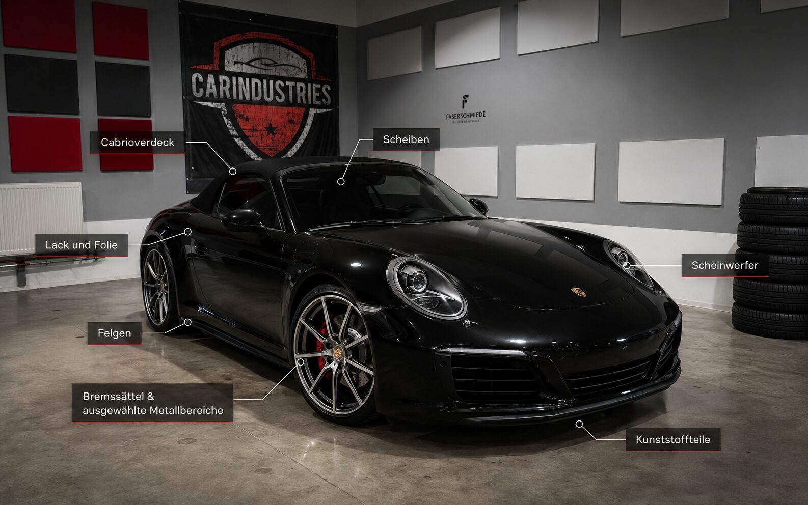 Porsche mit markierten versiegelbaren Bereichen für Keramikversiegelung bei CarIndustries in Groß-Umstadt